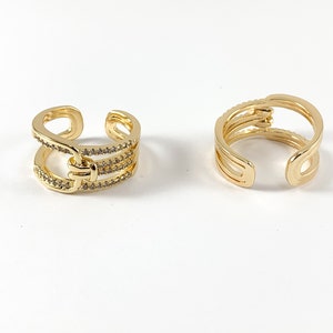 Real Gold 18K Plated Copper CZ Pave Triple Band Buckle Adjustable Ring