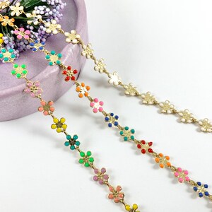 18K Gold Plated Enamel Plated Copper Daisy Flower Chain By The Foot/Yard Colorful Chains For Summer Jewelry Making