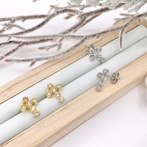 Cute Dainty Cross Studs in CZ Pave 18K Gold/Platinum Plated Over Copper Earrings