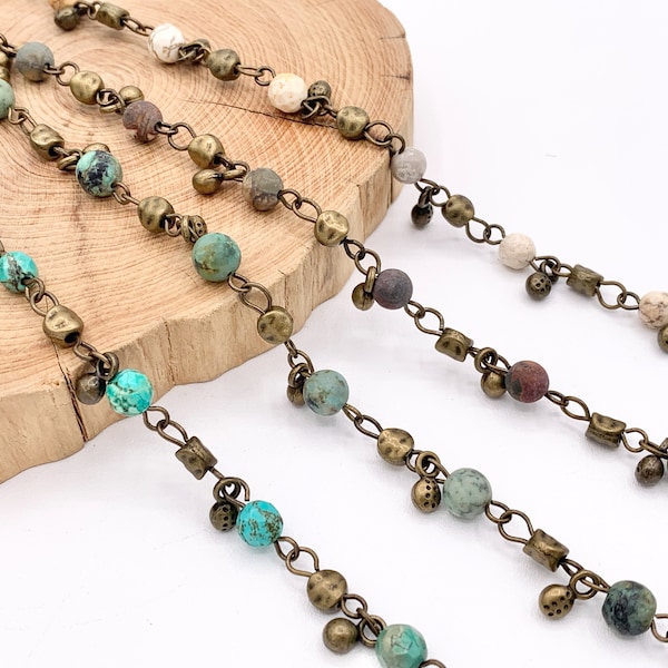 Vintage Dangle Picasso Jasper/ Magnesite/ African Turquoise Natural Stone Round Faceted Rosary Beaded Chain With Brass Wire By Foot/Yard 6mm