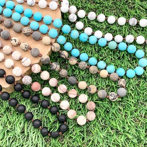 60&quot; Handmade Matte Gemstone Knotted Necklace - Black Onyx, Laguna Lace Agate, Artistic Jasper, Magnesite & White Howlite Beaded Necklace