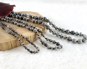 36" And 60" Silver Crazy Lace Agate + Crystal Knotted Gemstone Finished Necklace
