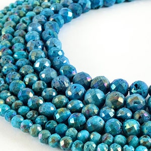 Faceted Shiny Metallic Coated Round Turquoise Blue Druzy Beads