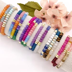 6mm Assorted Gemstone Stretchy Bracelets Colorful Rondelle with Gold Plated Spacers Beaded Bracelets 7" Price For 1