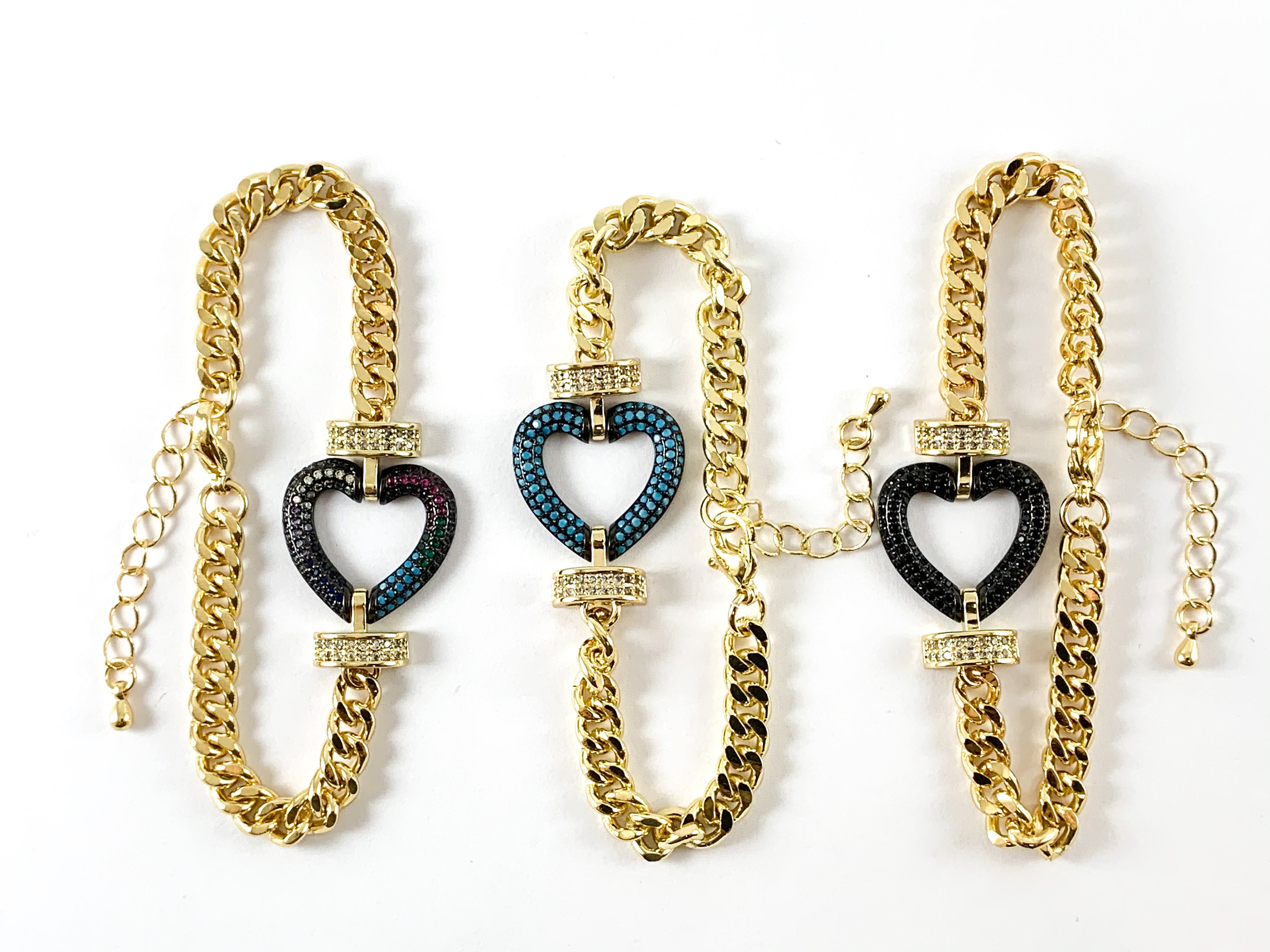 18K Gold Plated Plated CZ Pave Cuban Link Heart Bracelet With