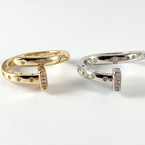 Real 18K Gold and Platinum Plated CZ Pave Square Bypass Nail Ring