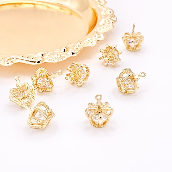 18K Gold Crowns with CZ Diamond Pave Charms Over Brass