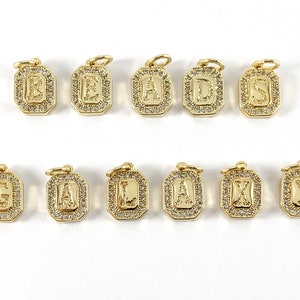 Real 18K Gold Plated CZ Pave Tiny Octagon Initial Letter Monogram Charm Tags Over Copper (All 26 Letters Available!!!)