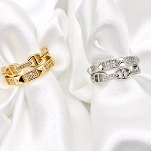 18K Gold and Platinum Plated Double Banded CZ Pave Spike Coffee Bean Mariner Adjustable Ring
