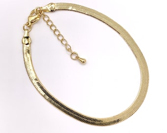 Herringbone Flat Step Cut Snake Chain Bracelets 7" with 1.2" Extension in 18K Gold Plated Copper