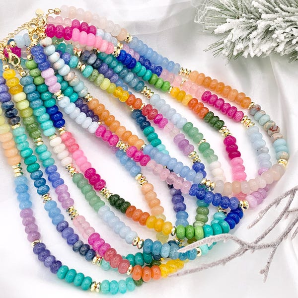 8mm Dyed Jade Beaded Necklaces Colorful Rondelle Jade with Gold Plated Hematite Saucer Spacers Beaded Necklace 17" with 2" Extender