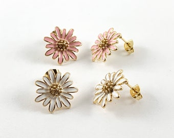 Real 18K Gold Plated Enamel Daisy Flower Earring Post Over Copper