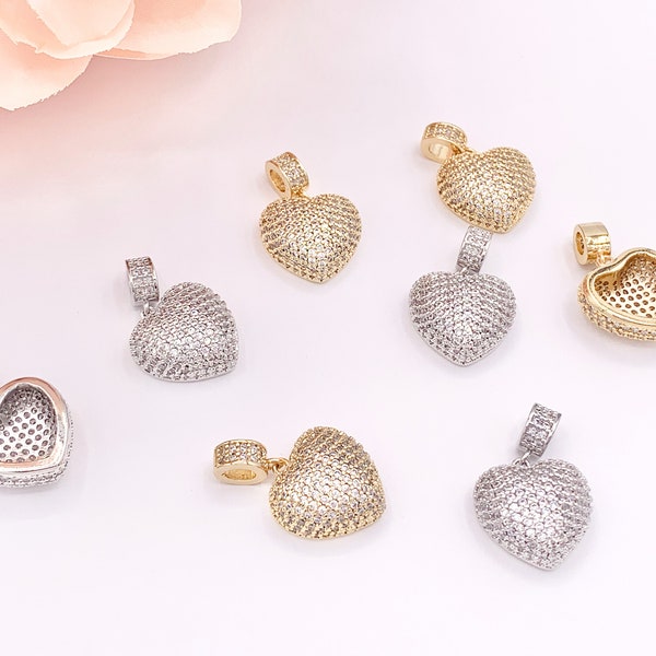Bold Statement Heart Pendant Charms Rhinestone CZ Pave Designed in 18K Gold or Silver Plated Copper