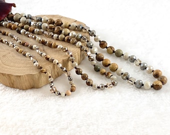 36" and  60" Picture Jasper + Crystal Knotted Gemstone Finished Necklace