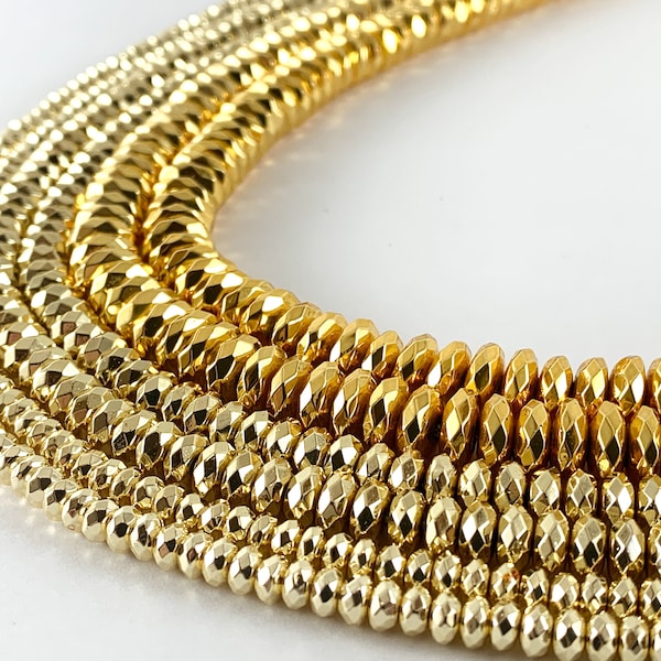 Real 18K Gold Plated Hematite Rondelle/Saucer Faceted Shiny Beads Around 15"