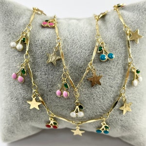 18K Gold Plated Enamel Plated Copper Cherry & Star Dangle Chain By The Foot/Yard For Bracelets, Anklets and Necklaces Making