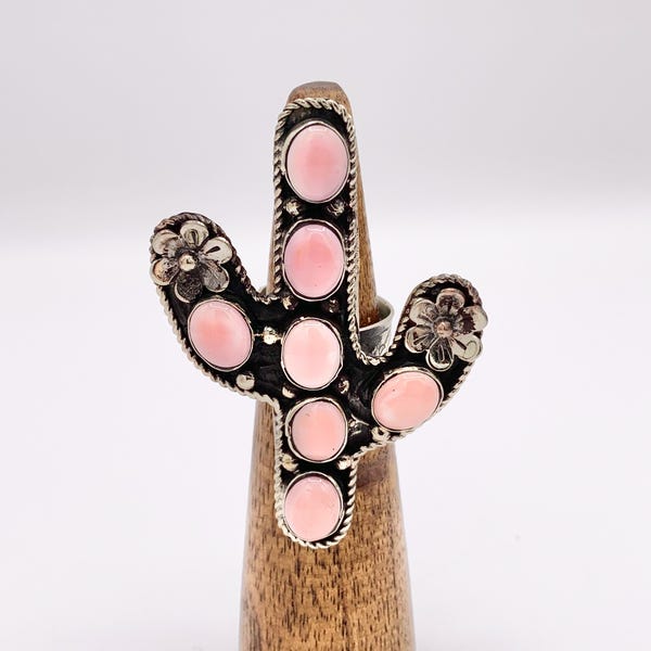 Anillo de plata tibetana con cactus y caracola reina rosa con flores, estilo tibetano, hecho a mano, de Nepal.