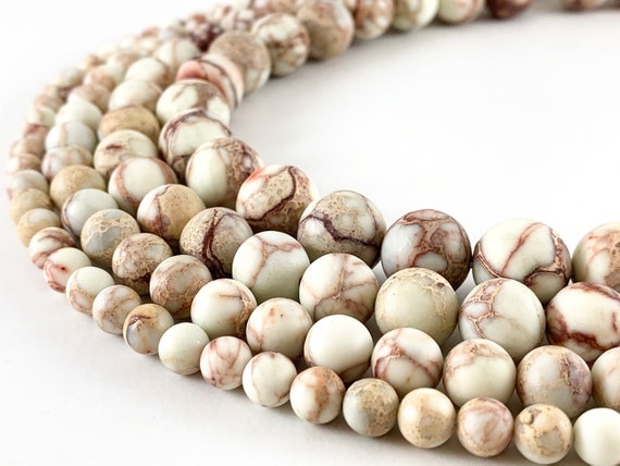 Dyed Matte Variscite/Sea Sediment/Impression Jasper Round Smooth Beads White/Creamy with Red Veins