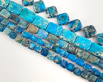 Dyed Turquoise Blue Variscite/Sea Sediment/Impression Jasper Flat Beads Rectangle, Diamond, Square Shapes