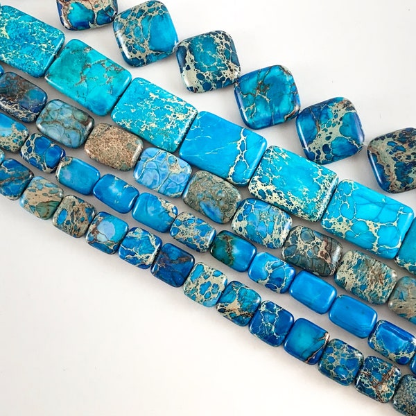 Dyed Turquoise Blue Variscite/Sea Sediment/Impression Jasper Flat Beads Rectangle, Diamond, Square Shapes