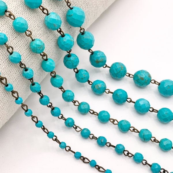 Vintage Turquoise Howlite Round Faceted Rosary Style Beaded Chain With Brass Wire By Foot/Yard 4mm 6mm 8mm 10mm 12mm