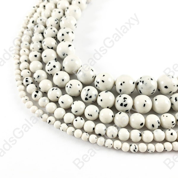 Dalmation Jade - Shiny Smooth Polka Dot Black Flake Round Beads around 15 inch Strands