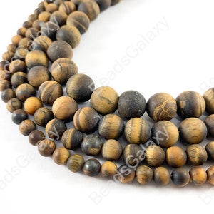 Matte Tiger&#39;s Eye Yellow Brown Round Smooth Natural Gemstone Beads 6-12mm Around 14&quot;-15&quot;