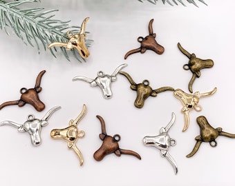 19x35mm Pewter Long Horn Steer Head Pendants Small Bull Head Charms Bulk Order in Rosy Gold, Silver, Copper and Brass