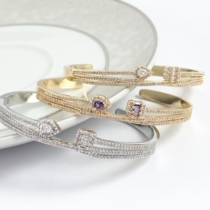Cute Dainty Gold Bracelet Cuffs in Purple, Silver, Gold CZ Pave Bling Rhinestone Teardrop Cute Minimalist Bracelet Stack