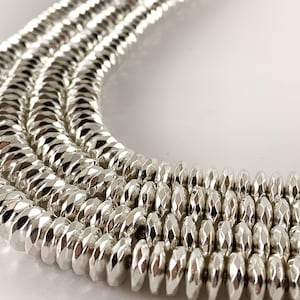 Real 18K White Gold Plated Silver Hematite Rondelle Saucer Faceted Shiny Beads Around 15&quot;