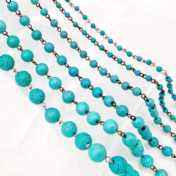 Vintage Turquoise Howlite Round Smooth Rosary Beaded Chain With Brass And Silver Wire By Foot/Yard 4mm 6mm 8mm 10mm 12mm