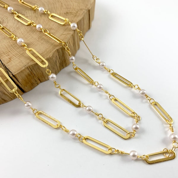 18K Gold Plated Brass Paperclip Style Chain with Imitation Pearls Single Layer Chain by Foot/Yard or Spool