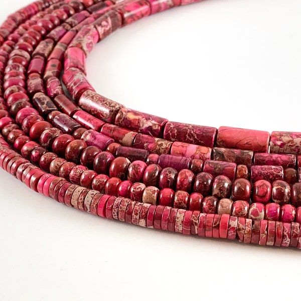 Dyed Hot Pink Variscite/Sea Sediment/Impression Jasper Beads Tube, Rondelle, Heishi Shapes