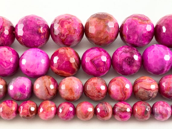 Faceted Shiny Dyed Hot Pink Crazy Lace Agate Round Natural