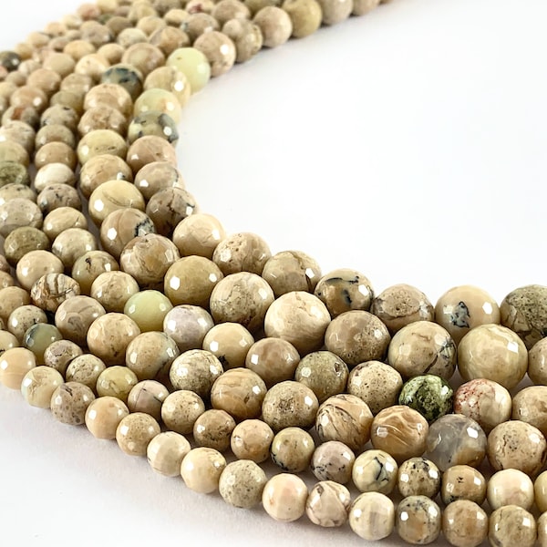 Natural White Creamy Faceted Round African Opal Jasper Beads