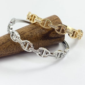 Mariner Anchor Link Bling Stackable Bracelet Cuff in Gold or Silver Plated CZ Pave Adjustable Bracelet Cuffs over Brass