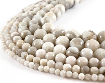 White Lace Agate Round Faceted Shiny Natural Gemstone Beads 15"-16"