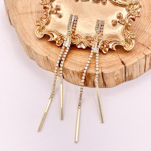 Long Beautiful Delicate CZ Rhinestone Elegant Tassel Stick Earrings in 18K Gold Plated Copper