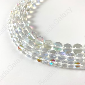 Iridescent Clear Imitation of Moonstone Mermaid Glowing Glass Round Beads Around 15-16&quot;