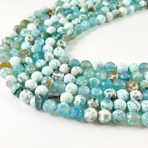 High Quality White Blue Agate Beads Beautiful Light Blue Round Shiny Polished Faceted Natural Stone Beads 6mm 8mm 10mm Around 14-15&quot;