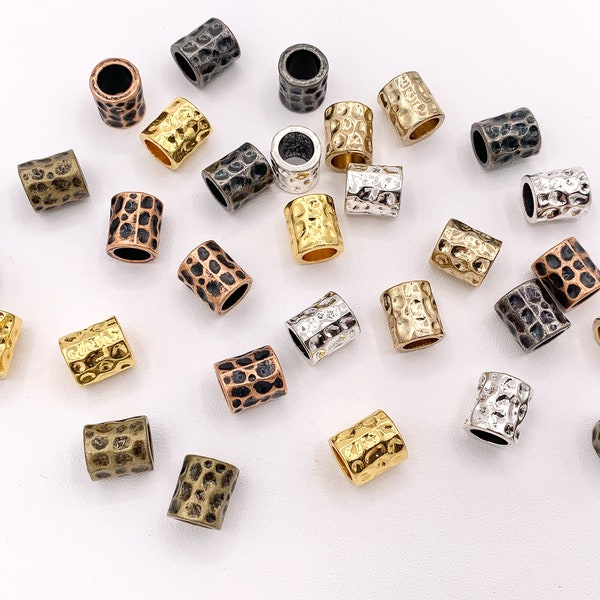 9x10mm Pewter Hammered Tube Large Hole Barrel Spacer Beads Gold, Light Gold, Silver, Bronze, Copper And Gunmetal Bulk Order