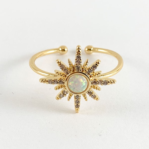 Real Gold 18K Plated CZ Pave Adjustable Starburst Cluster Ring with Japanese Opal