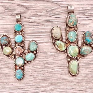 Tibetan Silver Natural Turquoise Cactus Pendant Handmade Pendant