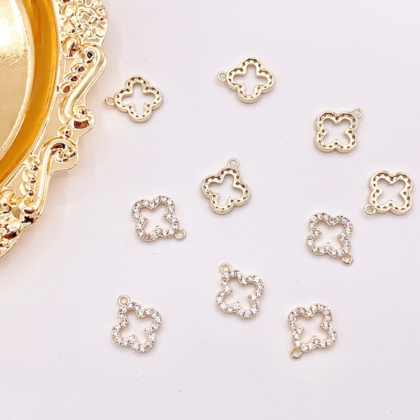 Real Gold 18K Plated Micro CZ Flower Quatrefoil Clover Pave Charms Over Brass