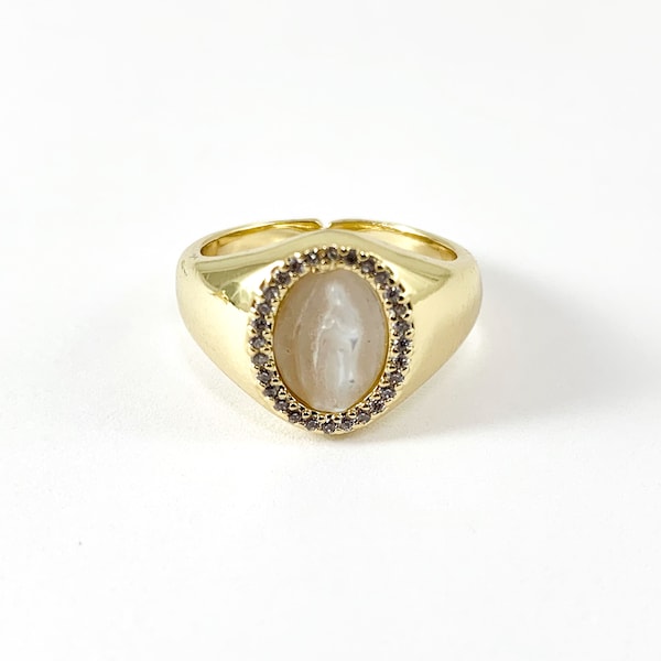 Real Gold 18K Plated CZ Pave Mother of Pearl Shell Religious Virgin Guadalupe Signet Ring