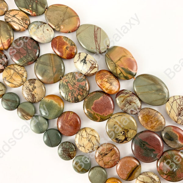 Picasso Jasper/Red Creek Jasper Coin & Oval Smooth Flat Natural Stone Beads 14"- 15"