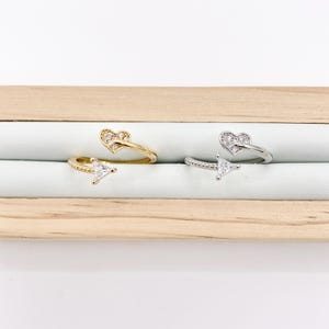 18K Real Gold/Platinum Plated Copper CZ Pave Heart Arrow Bypass Adjustable Ring