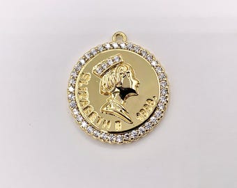 24mm Queen Elizabeth Coin Pendant in CZ Pave 18K Gold Plated Copper