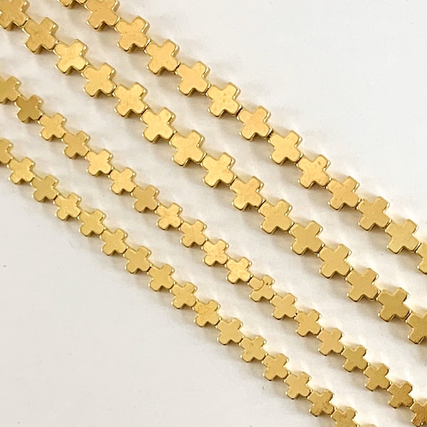 Real 18K Gold Plated Hematite Cross Shape Shiny Beads Around 15"
