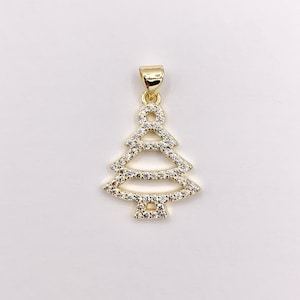 Christmas Tree Charm Holiday Pendant in Real Gold 18K Plated Micro CZ Pave Over Copper